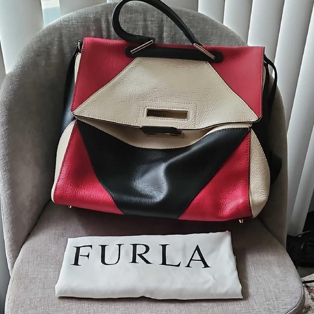 Furla Red and Black Satchel with Geometric Design